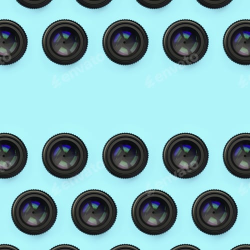 Preview: A few camera lenses with a closed aperture lie on texture background of fashion pastel blue col
