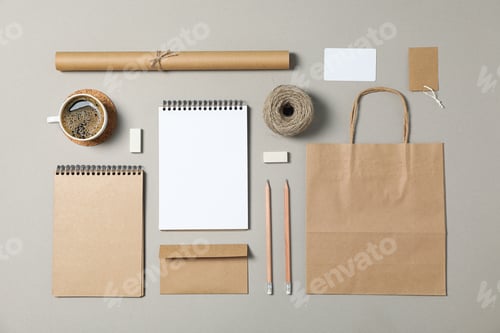 Preview: Mockup. Corporate stationery on grey background. Flat lay