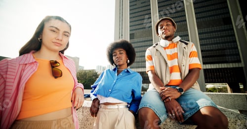 Preview: Outdoor, friends and fashion on portrait in city with style, street wear and outfit in New York. Ur