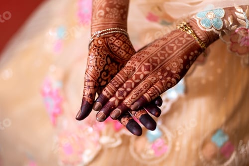 Preview: Woman's hands with intricate henna designs.