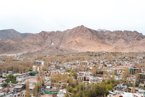 Preview: Panoramic view of Leh city in Ladakh, India, nestled in Himalayan mountains, dramatic brown ridges