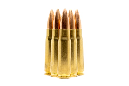 Preview: Bullets isolated on white background. Cartridges 7.62 caliber for Kalashnikov assault rifle