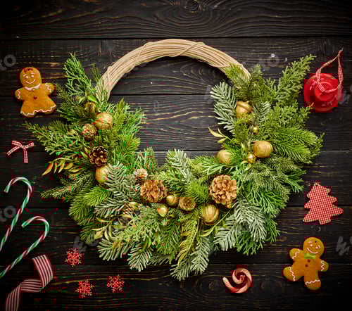 Preview: Christmas wreath on dark wooden background