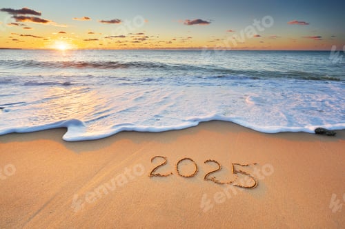 Preview: 2025 year on the sea shore during sunset.