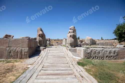 Preview: Ancient city of Alacahoyuk, monumental gate with sphinx dating back to the Hittite imperial age.