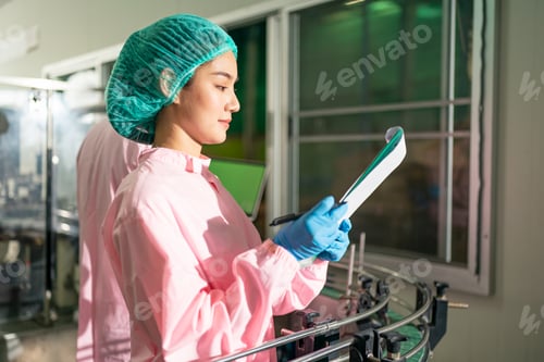 Preview: worker working in drink factory at conveyor belt with fruit juice glass bottled in production line
