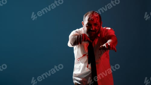 Preview: Frightening zombie surrounded by police on blue background.