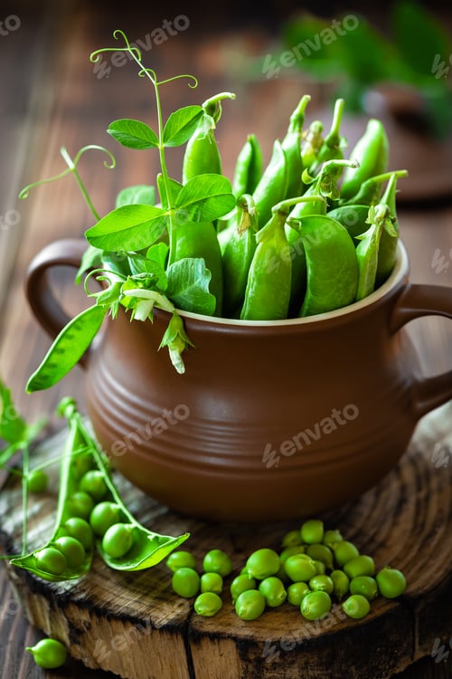 Preview: Fresh green peas on dark wooden rustic background