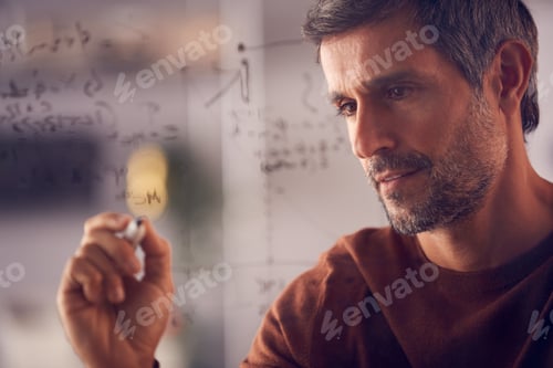 Preview: Brainstorming Businessman Or Mathematician Drawing Graph Calculation On Glass Screen In Office
