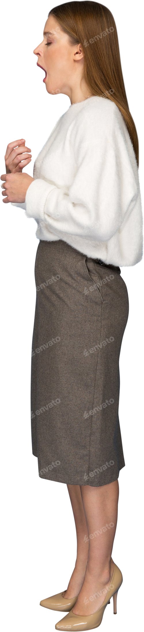 Preview: Woman in Skirt Yawns and Stretches Arms