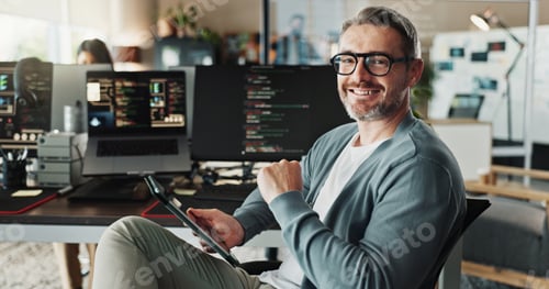 Preview: Programmer, business man and portrait with tablet for software development, ai database and code on