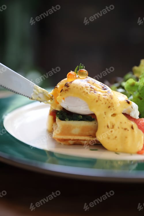 Preview: Breakfast Food Egg Benedict , Poached Egg With Yellow Sauce With Waffle And Smoked Salmon On Wood