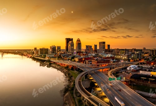 Preview: Aerial shot of the Louisville, KY bridge with the Ohio River at sunrise