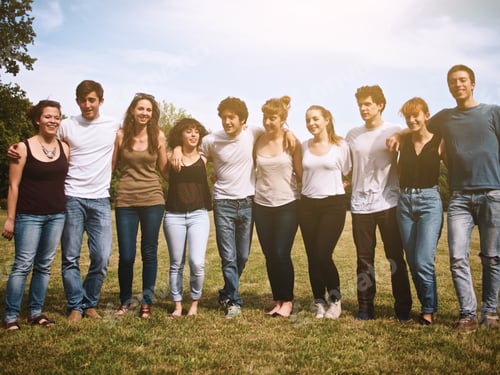 Preview: large group of friends enjoying a summer day at the park, back to school