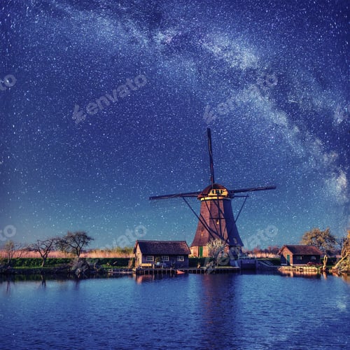 Preview: Dutch mill at night. Starry sky. Holland. Netherlands.