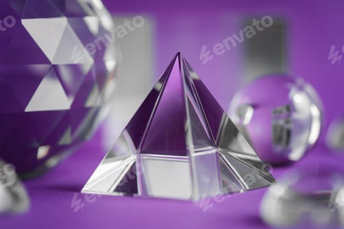Preview: Crystal prism refracting light, magic crystals and pyramid, sphere and cube on purple background