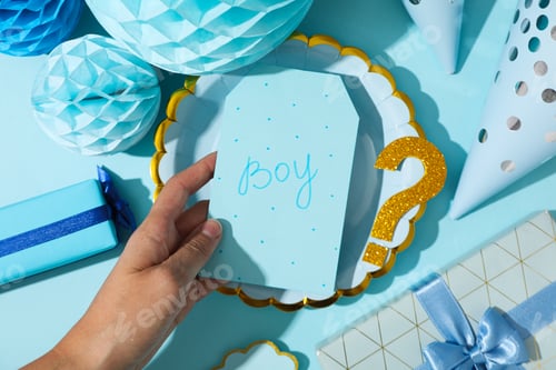 Preview: Gift boxes, paper balloons and cards in hand on blue background, top view