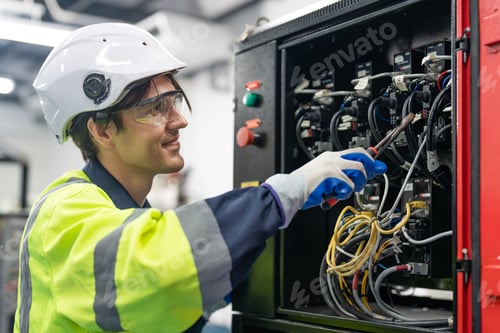 Preview: Happy engineer electrical man installing wire cable and breaker switch electric control in cabinet