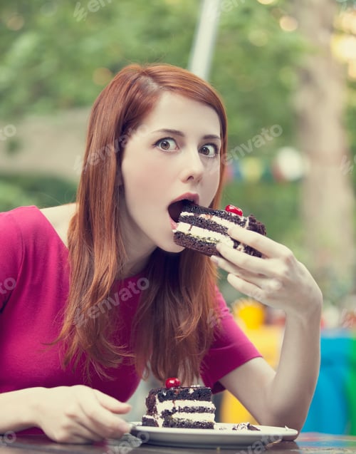 Preview: Style redhead girl with cake and cup