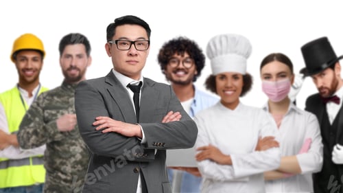 Preview: Businessman and people of other professions on white background, selective focus. Banner design