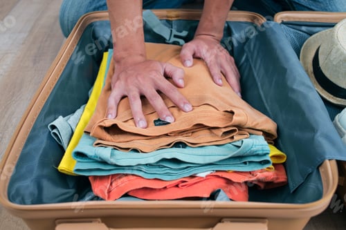 Preview: Traveler Carefully Pressing Down Stack Of Folded Clothes Inside Piece Of Luggage