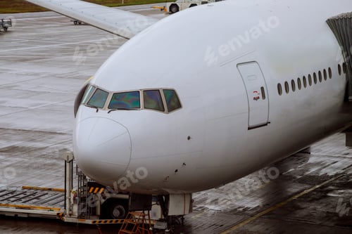 Preview: Airliner being prepared for boarding aircraft docked in airport loading cargo on the plane in