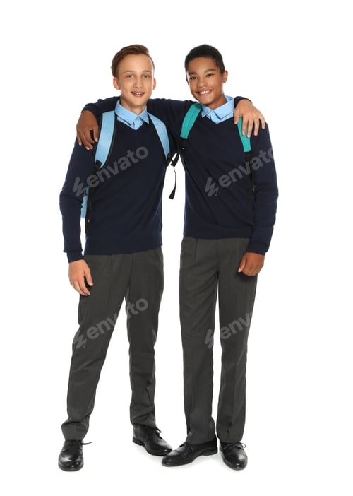 Preview: Teenagers in stylish school uniform on white background
