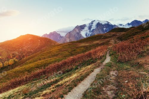 Preview: Autumn landscape and snowy mountain peaks.