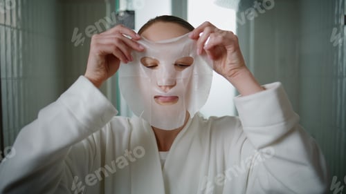 Preview: Woman applying paper mask in lit bathroom. Closeup pretty girl enjoying beauty