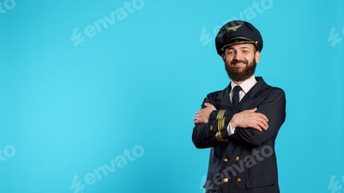 Preview: Portrait of smiling aircrew captain posing on camera