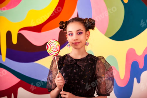 Preview: Portrait of cover child girl with round lollipop at colorful wall, looking at camera