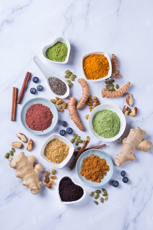 Preview: Assortment of superfood powder, acai, turmeric, ginger, matcha, cinnamon, wheat