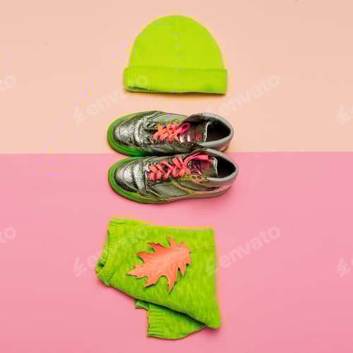 Preview: Stylish Neon Accessories on Pink Background, Top View