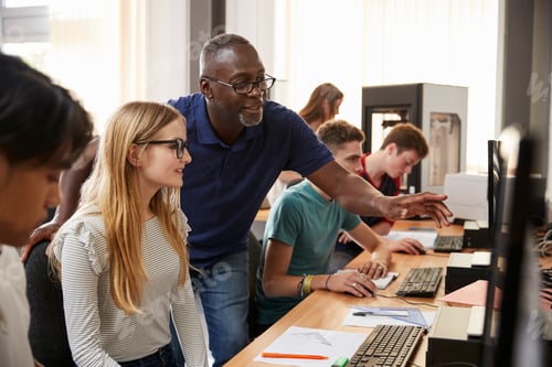 Preview: Design Students With Teacher Working In CAD/3D Printing Lab