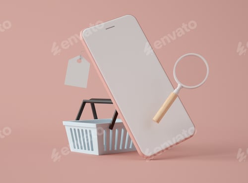 Preview: 3D Illustration. Smartphone and shopping basket.