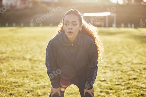 Preview: Sports woman, breathing and outdoor fitness workout training, health or cardio exercise motivation.