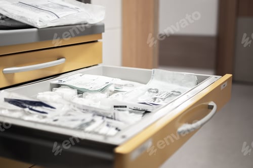 Preview: hospital emergency trolley open, in a hospital room