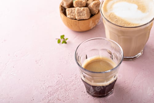 Preview: Coffee and espresso drinks in glasses, latte and mocha