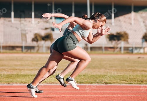 Preview: Fast, race and athletes running sprint in competition or fitness game and training for energy welln