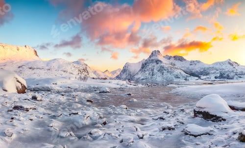 Preview: Astonishing Flakstadpollen and Boosen fjords with cracks on ice during sunrise