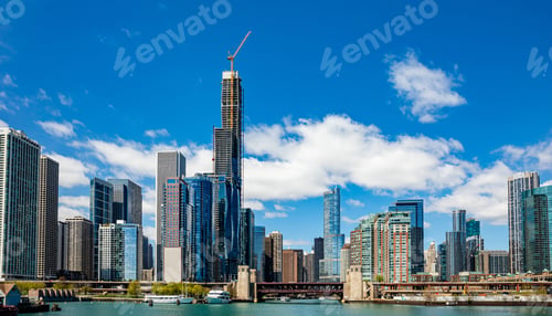 Preview: Chicago city skyscrapers on the river canal, blue sky background