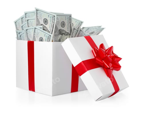 Preview: Gift box with dollar banknotes isolated on white