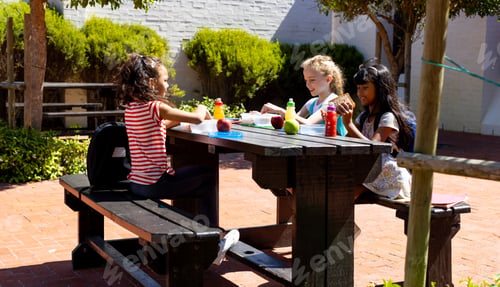 Preview: Three children enjoy a sunny outdoor lunch at a wooden table in school