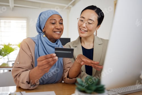Preview: Online shopping, credit card and business women or friends doing ecommerce or banking while talking