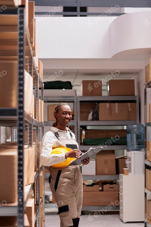 Preview: African american employee holding clipboard and checking inventory report