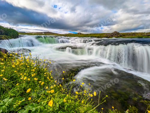 Preview: Aerial drone view of Fosslaug waterfall, Iceland
