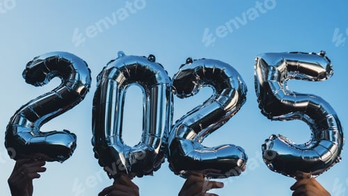 Preview: Happy new year 2025 metallic balloons on blue sky background. Greeting card silver foil balloons