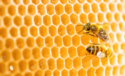 Preview: Macro honeycomb with bees. Close up view of the working bees on honey cells