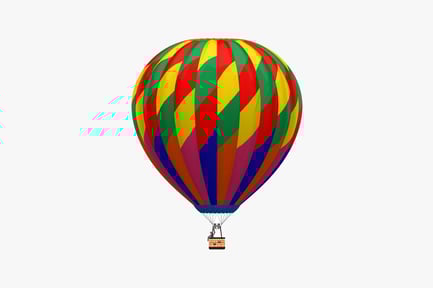 Visualização: Balão esférico listrado com cesta e ocupante