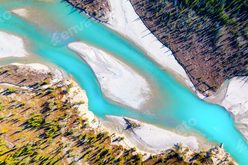 Preview: Drone view of the river and forest in the glacier valley. View of the moraines. Landscape from the a